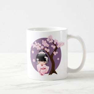 Rosa Kimono Kawaii Kokeshi Docka på Lila Kaffemugg