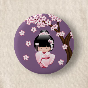 Rosa Kimono Kawaii Kokeshi-docka på lila Knapp