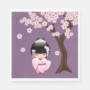 Rosa Kimono Kawaii Kokeshi-docka på lila Pappersservett