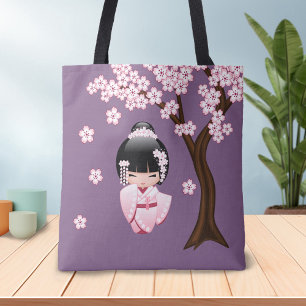 Rosa Kimono Kawaii Kokeshi Docka på Lila Tygkasse