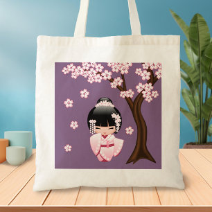 Rosa Kimono Kawaii Kokeshi Docka på Lila Tygkasse