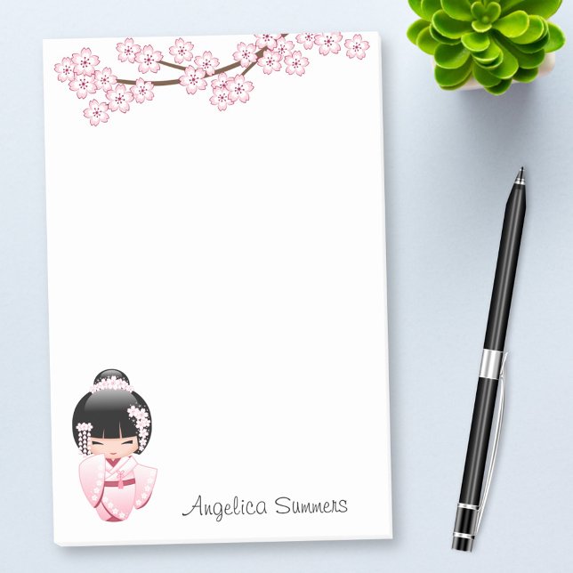 Rosa Kimono Kawaii Kokeshi-Docka Post-it Block (Skapare uppladdad)