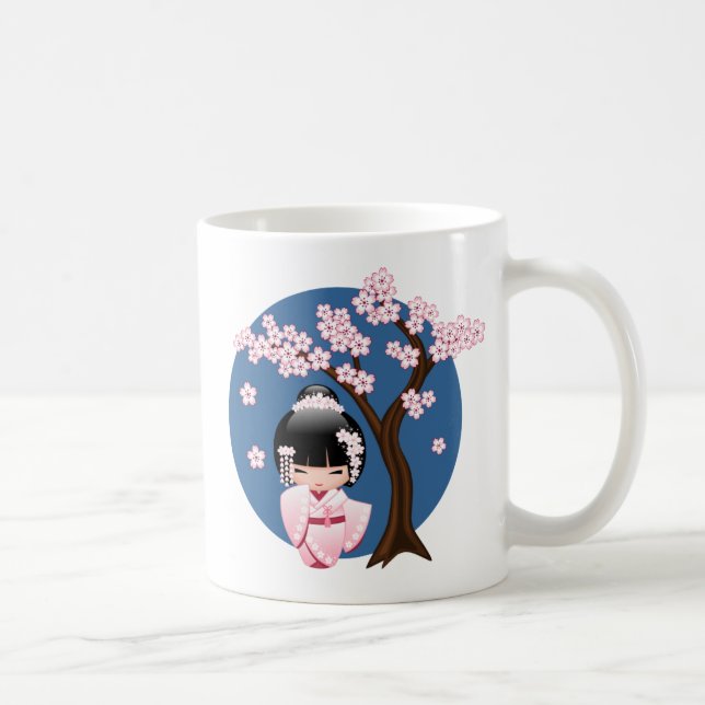 Rosa Kimono Kawaii Kokeshi Docka Sakura Kaffemugg (Höger)