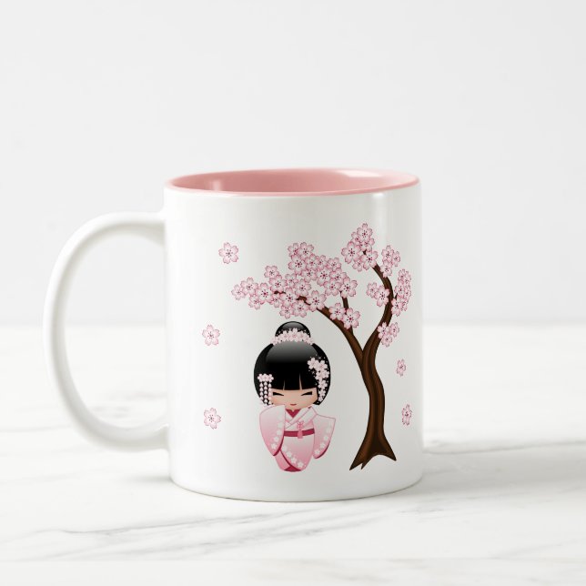Rosa Kimono Kawaii Kokeshi Docka Sakura Två-Tonad Mugg (Vänster)