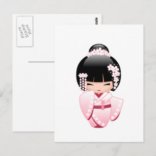 Rosa Kimono Kawaii Kokeshi Docka Vykort