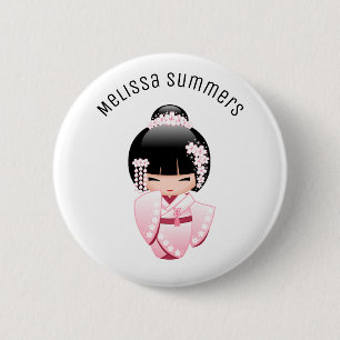 Rosa Kimono Kawaii Kokeshi Flicka Anpassat Namn Knapp
