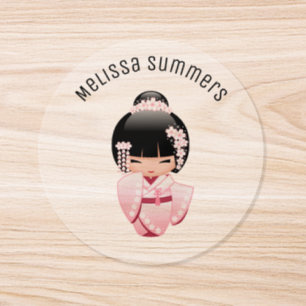 Rosa Kimono Kawaii Kokeshi Flicka Anpassat Namn Runt Klistermärke