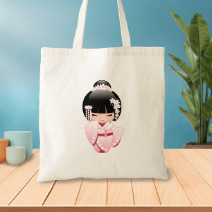 Rosa Kimono Kawaii Kokeshi Flicka Tygkasse