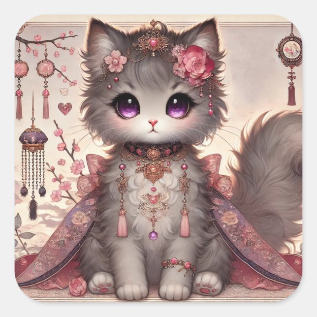 Rosa Kimono Princess Cat Fyrkantigt Klistermärke (Framsida)