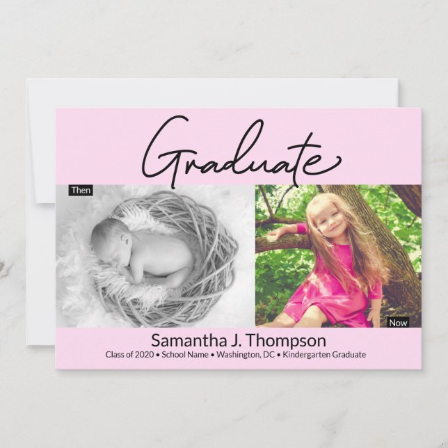 Rosa Kindergarten Student then och nu Grad Photo Meddelande (Framsida)
