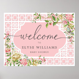 Rosa kineseri blomster baby shower välkomstskylt poster