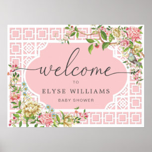Rosa kineseri blomster baby shower välkomstskylt poster