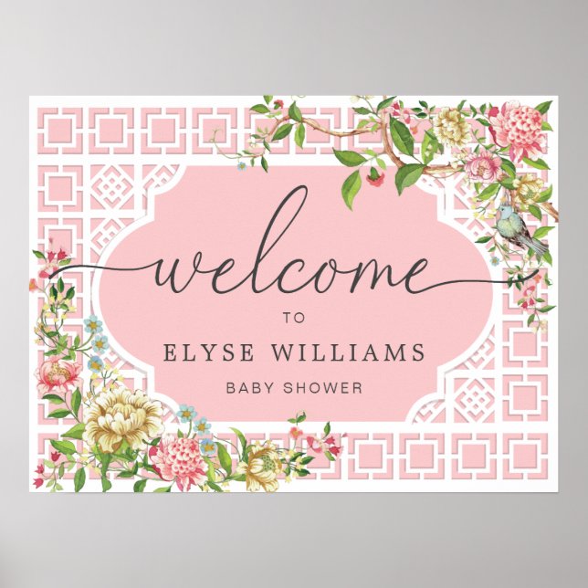 Rosa kineseri blomster baby shower välkomstskylt poster (Framsidan)