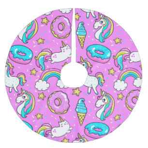 Rosa Kitschy glittermiga roliga unicorn och kattun Julgransmatta Borstad Polyester