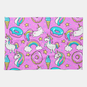 Rosa Kitschy glittermiga roliga unicorn och kattun Kökshandduk