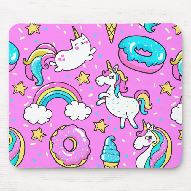 Rosa Kitschy glittermiga roliga unicorn och kattun Musmatta (Framsidan)