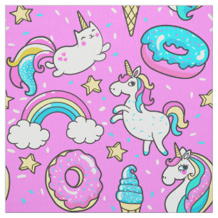 Rosa Kitschy glittermiga roliga unicorn och kattun Tyg