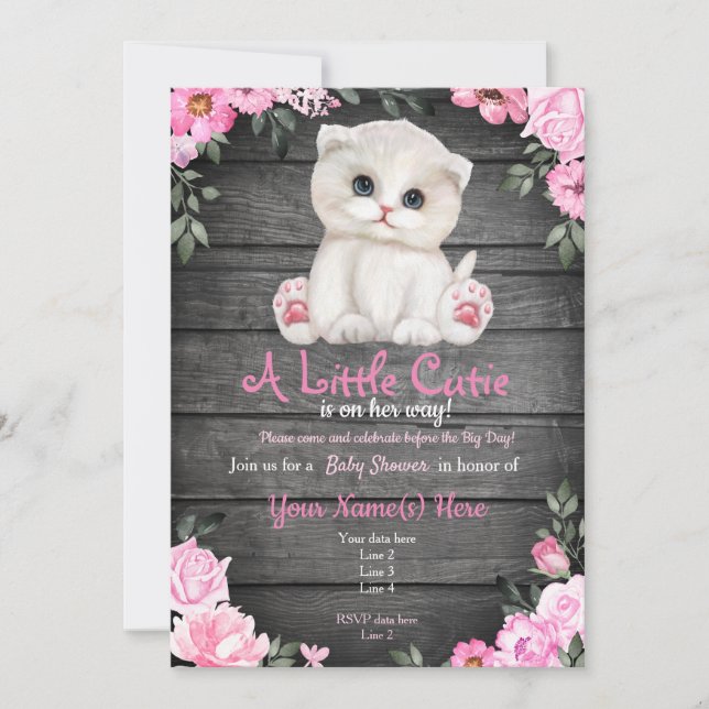 Rosa Kitten Baby Shower-inbjudan, rustik Inbjudningar (Framsida)