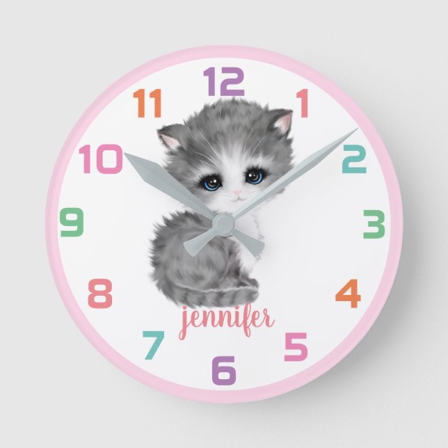 Rosa Kitten Cat Colorful Kids Wall Clock Rund Klocka (Framsida)