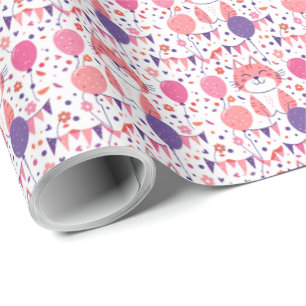 Rosa Kitten och Balloons Birthday Gift Wrap Paper Presentpapper