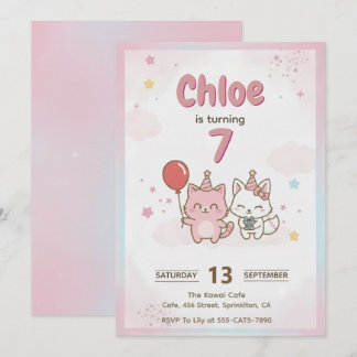 Rosa Kitty Födelsedagsfest för Flickor Söt Kawaii Inbjudningar