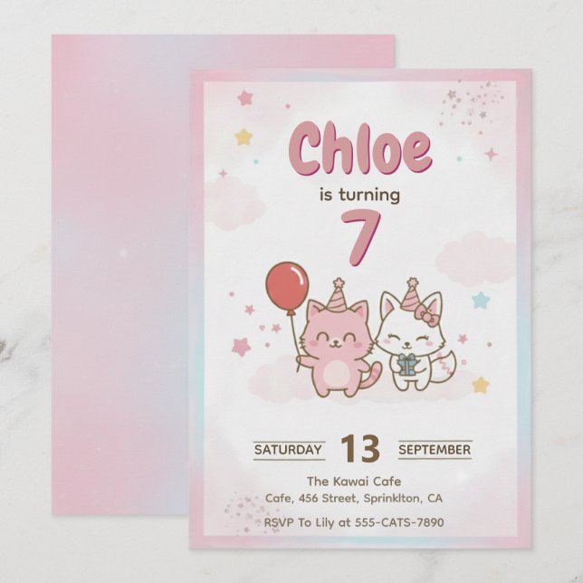 Rosa Kitty Födelsedagsfest för Flickor Söt Kawaii Inbjudningar (Fram/baksida)