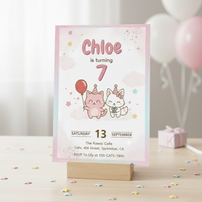 Rosa Kitty Födelsedagsfest för Flickor Söt Kawaii Inbjudningar (Skapare uppladdad)