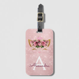 Rosa Kitty Glitter Prinsessa Initialer Namn Bagagebricka
