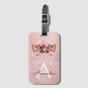 Rosa Kitty Glitter Prinsessa Monogram Namn Bagagebricka
