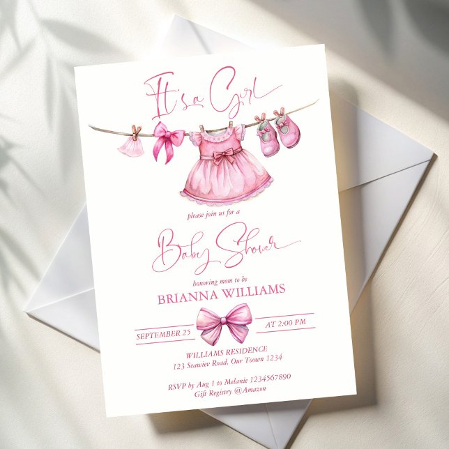 Rosa kläder på en linjeflickdusch på  inbjudningar (Preppy cute pink clothes on a line bow girls baby shower invitation template instant download)