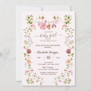 Rosa klädstreck med vilda blommor Baby Shower Inbjudningar