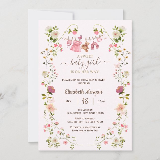 Rosa klädstreck med vilda blommor Baby Shower Inbjudningar (Framsida)