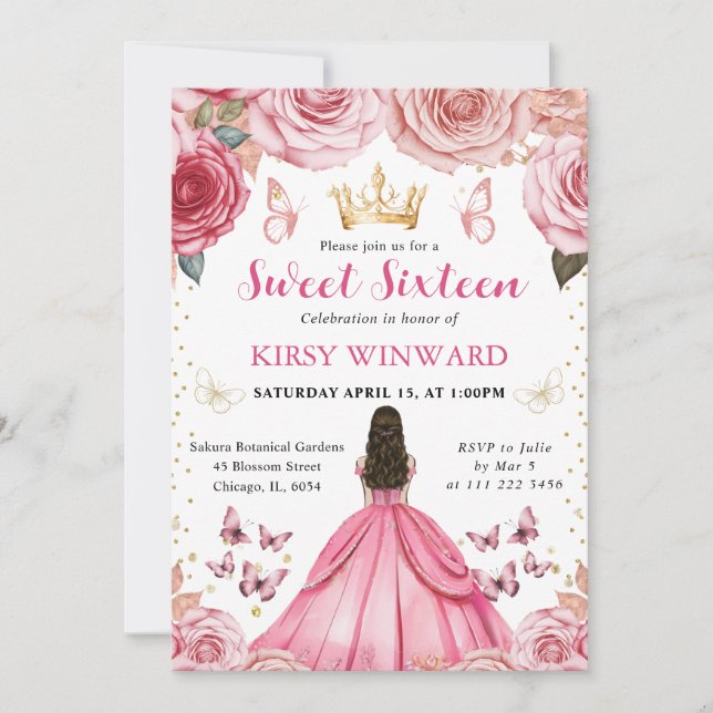 Rosa klänning Brunett Prinsessa Sweet 16 Inbjudningar (Framsida)