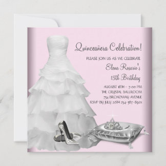 Rosa klänning hög klackade skor rosa Quinceanera Inbjudningar
