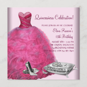 Rosa klänning Hög klackade skor Rosa Quinceanera Inbjudningar