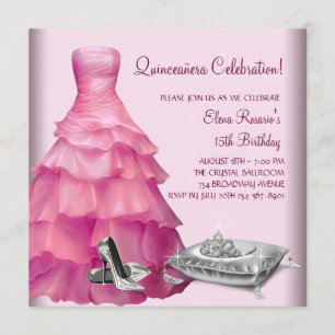 Rosa klänning Hög klackade skor Rosa Quinceanera Inbjudningar