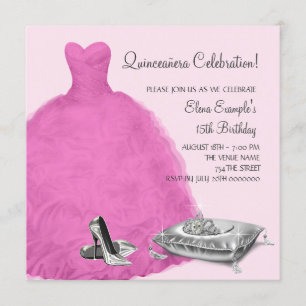 Rosa klänning Hög klackade skor Rosa Quinceanera Inbjudningar