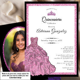 Rosa klänning och tiara anpassad foto Quinceanera Inbjudningar