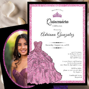 Rosa klänning och tiara anpassad foto Quinceanera Inbjudningar