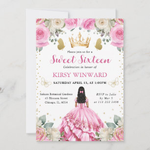 Rosa klänning svart hår  Prinsessa Sweet 16 Inbjudningar