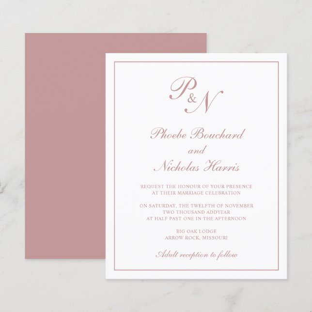 Rosa klassisk elegant budgetbröllopsinbjudan (Fram/baksida)