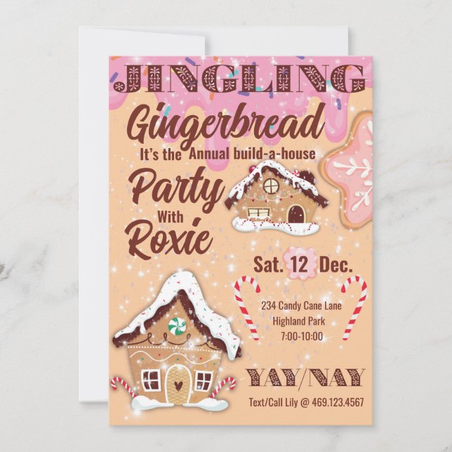 Rosa klingande pepparkaksholiday-inbjudan inbjudningar (Framsida)