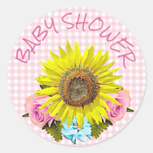 Rosa klistermärkear för GinghamsolrosBABY SHOWER Runt Klistermärke