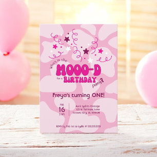 Rosa Ko är i MOOO-ning Ko tryck 1-års födelsedag Inbjudningar