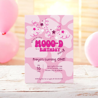 Rosa Ko är i MOOO-ning Ko tryck 1-års födelsedag Inbjudningar