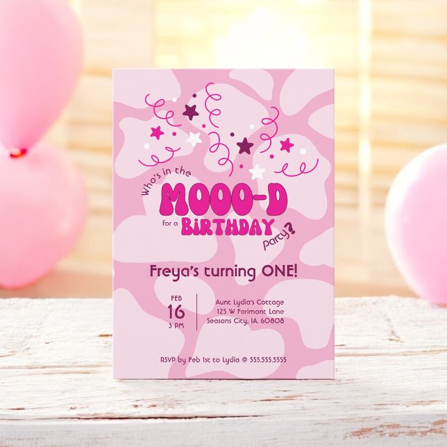 Rosa Ko är i MOOO-ning Ko tryck 1-års födelsedag Inbjudningar (Skapare uppladdad)