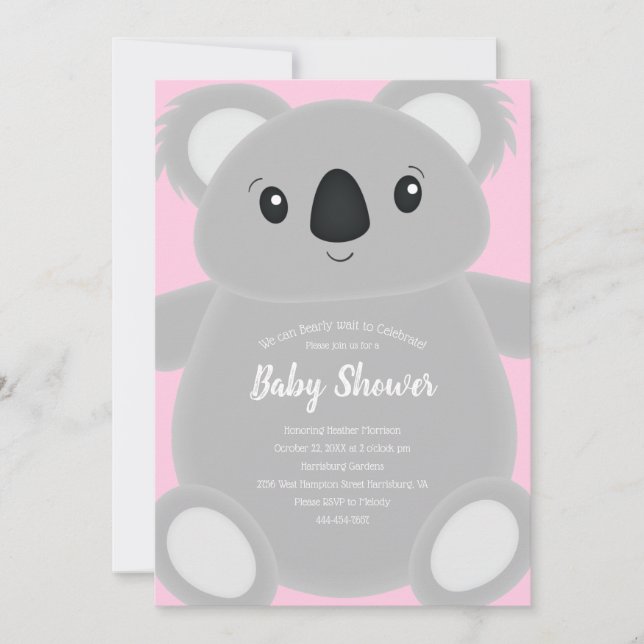 Rosa Koala Bear Baby Shower Inbjudningar (Framsida)