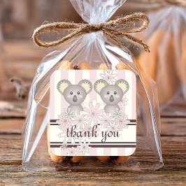 Rosa Koala Twin Girl Baby Shower / Barns födelseda Fyrkantigt Klistermärke