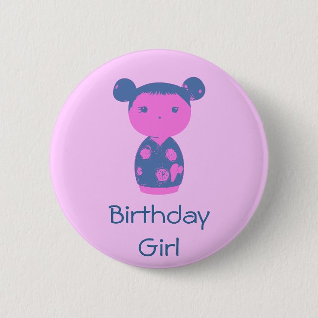 Rosa Kokeshi blått knäppas Knapp (Framsida)