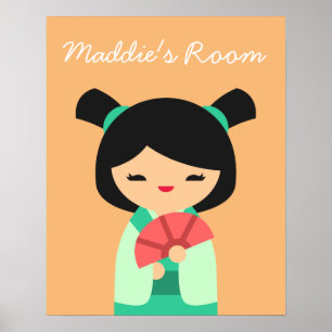 Rosa Kokeshi Japanska dockflickor rum Poster